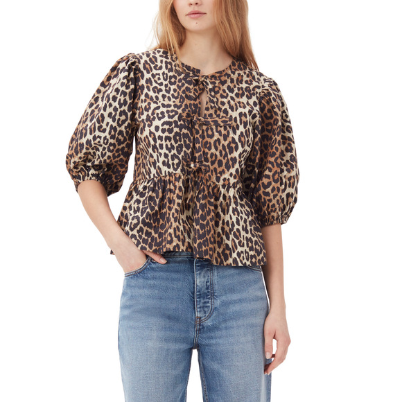 Ganni Leopard Brown Cotton Poplin Peplum Tie Blouse Size 42 - Picture 1 of 4
